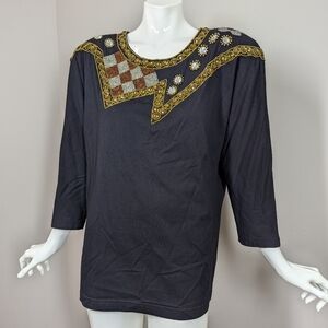 Vintage 90s Black Embellished Top Gold Beaded Sequin Statement Shirt